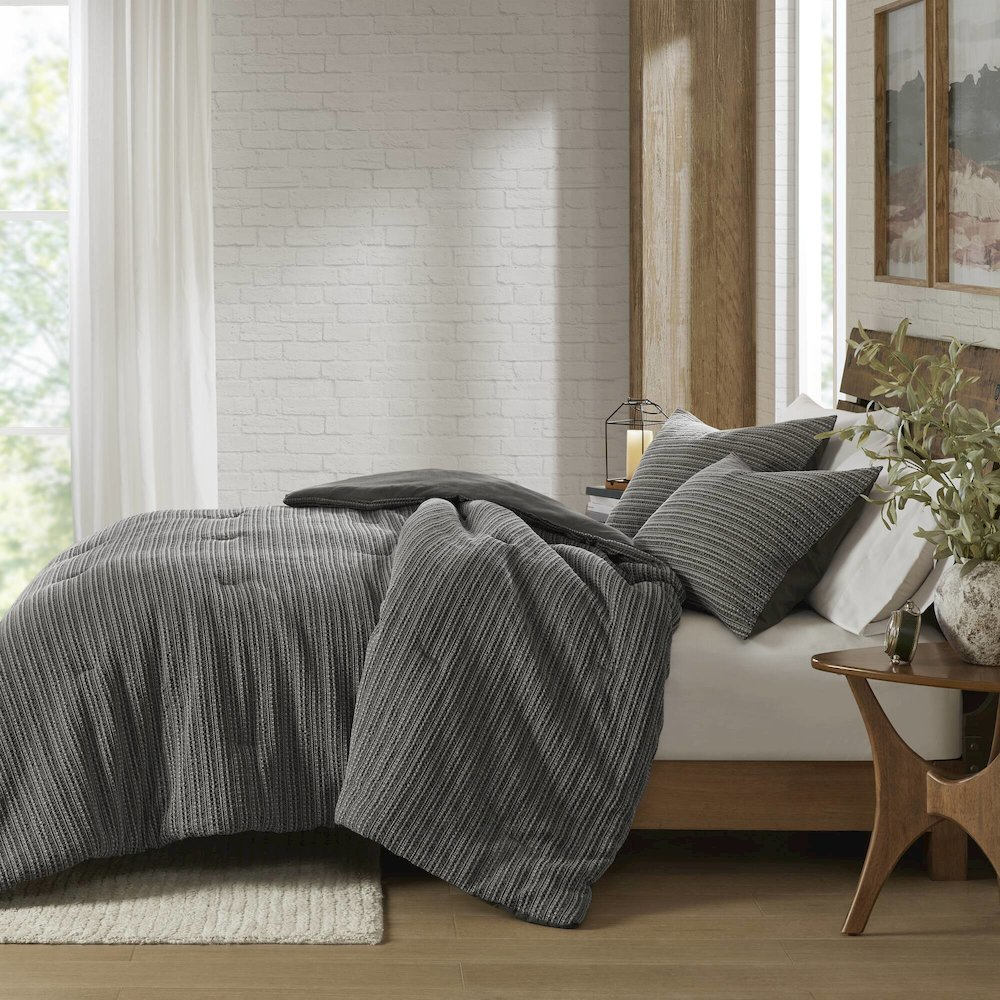 Lyon Waffle Washed Comforter Set by Start2Finish in charcoal, featuring a textured waffle pattern on the comforter and matching pillow shams.
