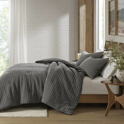 Lyon Waffle Washed Comforter Set by Start2Finish in charcoal, featuring a textured waffle pattern on the comforter and matching pillow shams.