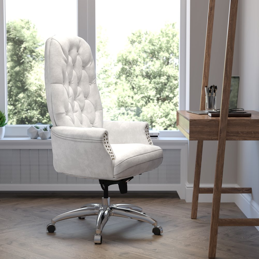 Start2Finish white ergonomic office chair with high back, swivel design, armrests, and multifunctional features for executive work.