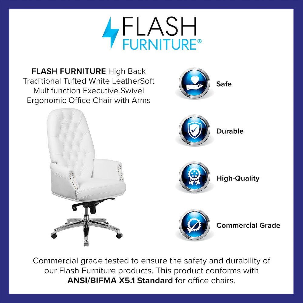 White high back ergonomic office chair with adjustable arms and swivel base, designed for executive or professional workspaces.