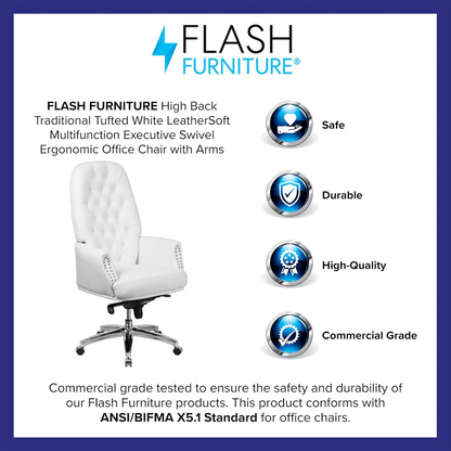 White high back ergonomic office chair with adjustable arms and swivel base, designed for executive or professional workspaces.