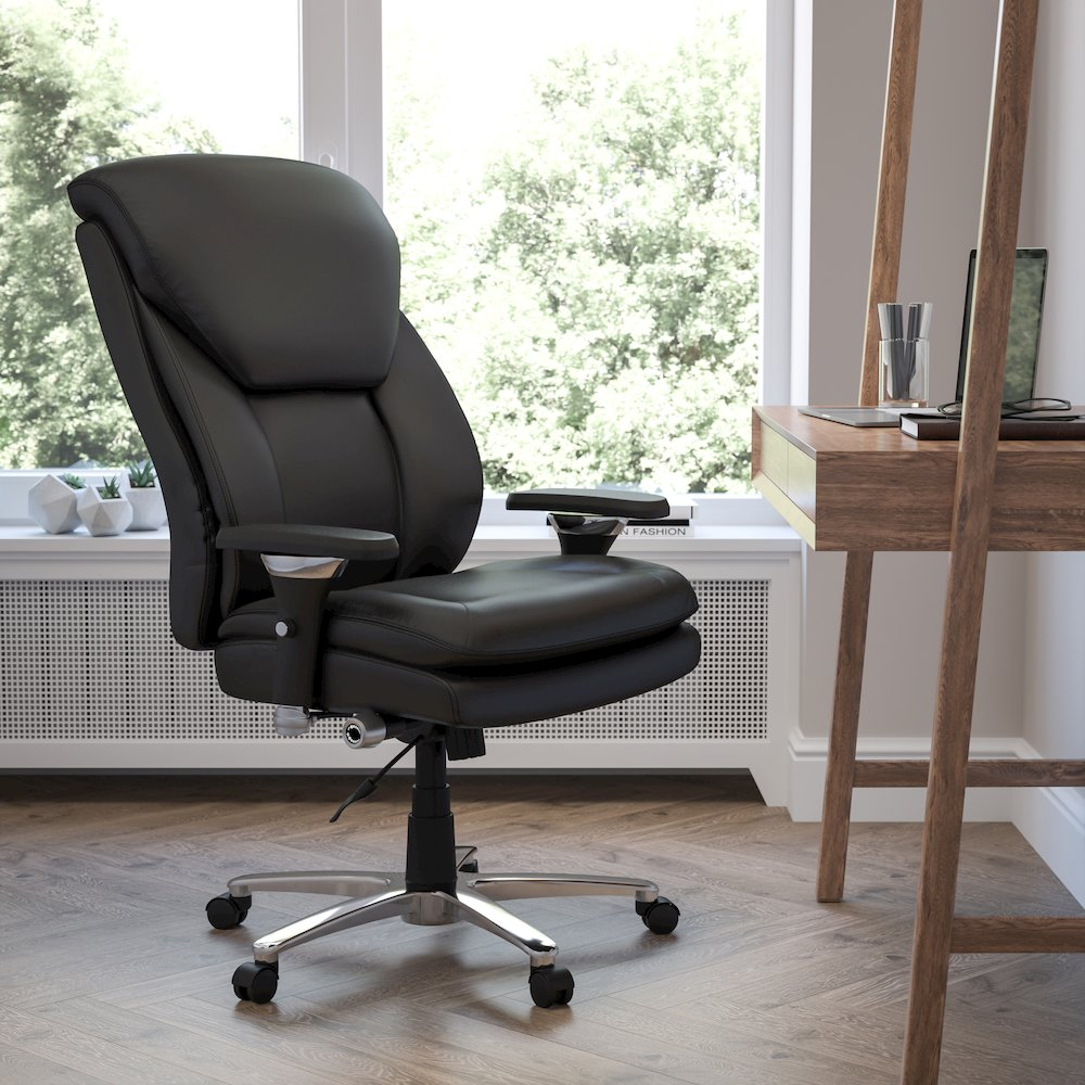 Black office chair by Start2Finish, 24/7 heavy-duty big and tall seat with lumbar knob, rated for 400 lbs.