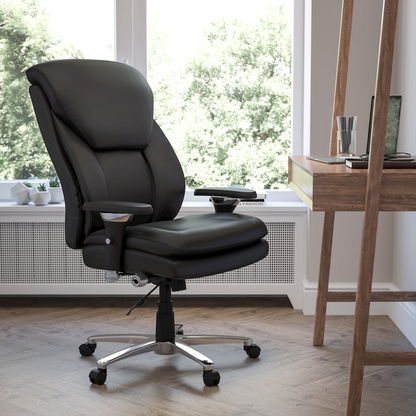 Black office chair by Start2Finish, 24/7 heavy-duty big and tall seat with lumbar knob, rated for 400 lbs.