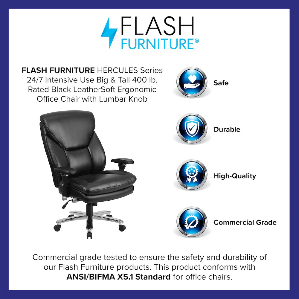 Black office chair by Start2Finish with lumbar knob, designed for big and tall users up to 400 lbs, featuring sturdy construction.
