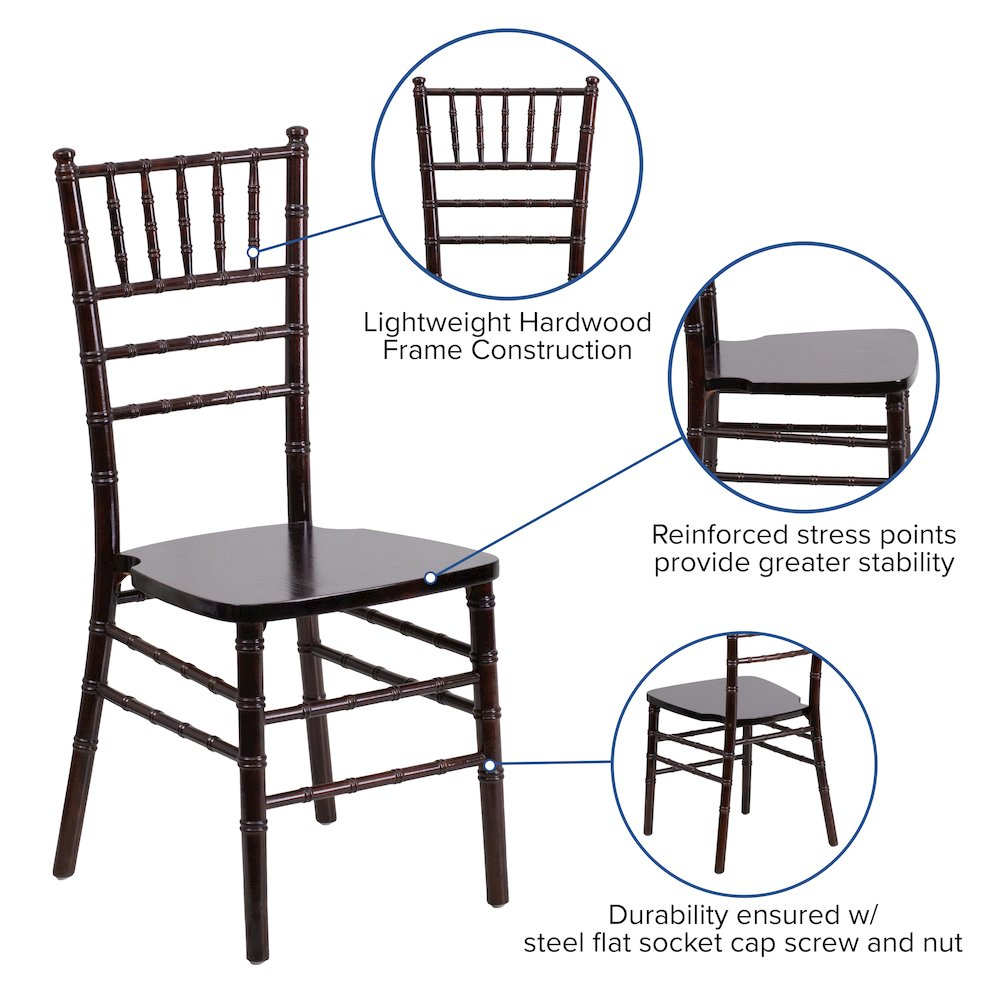 Walnut wood Chiavari chair with elegant design, featuring a curved backrest and slender legs, ideal for stylish furniture settings.