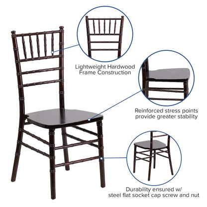 Walnut wood Chiavari chair with elegant design, featuring a curved backrest and slender legs, ideal for stylish furniture settings.