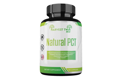 Natural PCT Testosterone Booster supplement by Harvest Twin Labs, featuring capsules with herbal ingredients for hormone support.