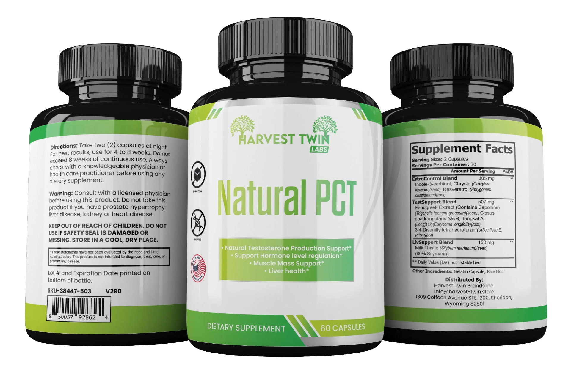 Natural PCT testosterone booster supplement bottle from Harvest Twin Labs, featuring capsules and supplement packaging.