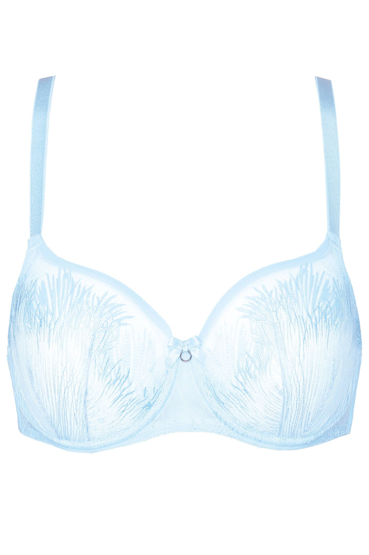 See-through embroidery balconette bra by Gorteks Mable in baby blue, featuring delicate lace and supportive design.