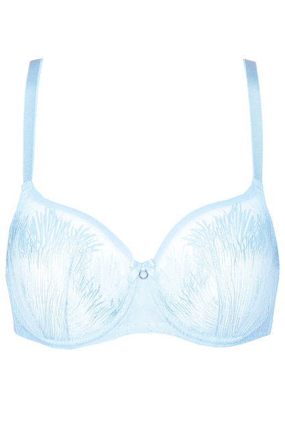 See-through embroidery balconette bra by Gorteks Mable in baby blue, featuring delicate lace and supportive design.