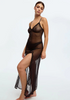 Start2Finish sheer mesh maxi dress in blush and black with lotus pattern, flowing and elegant apparel for stylish occasions.