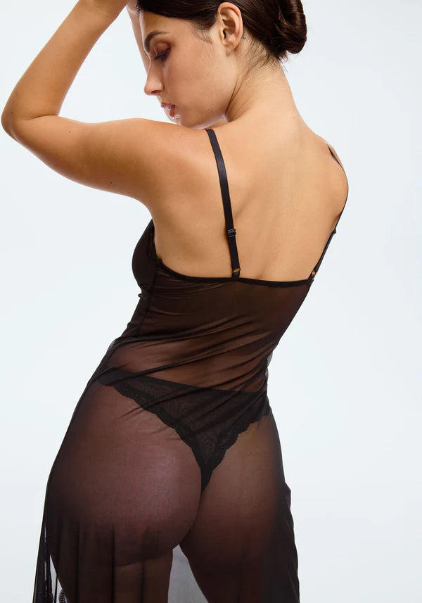 Start2Finish sheer mesh maxi dress in blush and black with floral lotus pattern, elegant and flowing apparel for women.