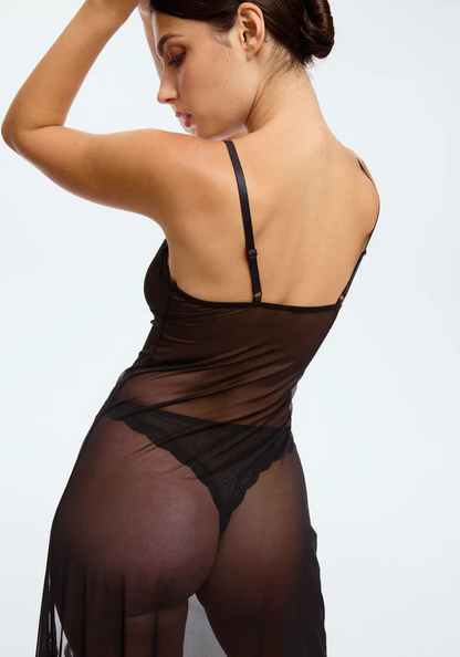 Start2Finish sheer mesh maxi dress in blush and black with floral lotus pattern, elegant and flowing apparel for women.