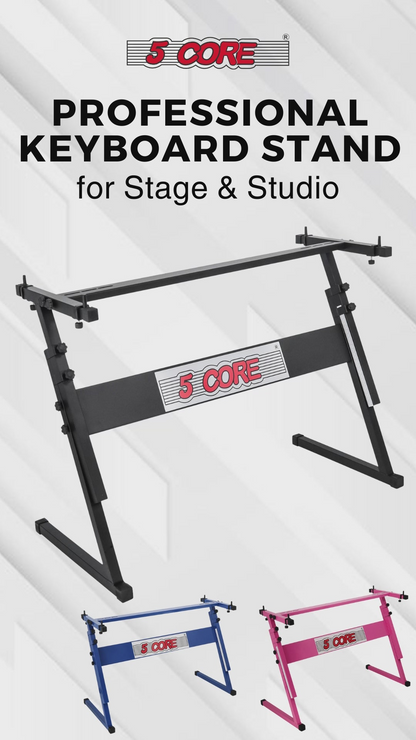 Start2Finish 5 core adjustable Z-style keyboard stand for electric pianos, foldable, supports up to 330 lbs, with adjustable height 21-33 inches.
