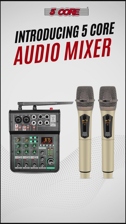 Start2Finish 5Core Audio Mixer 4 Channel DJ Soundboard with USB, Bluetooth, Repeat Delay, and +48V phantom power, musical instrument.