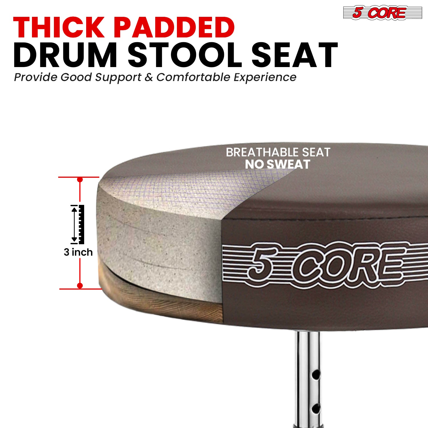Start2Finish 5 Core Drum Throne with 3-inch padded seat, adjustable height for practice and performance drumming comfort