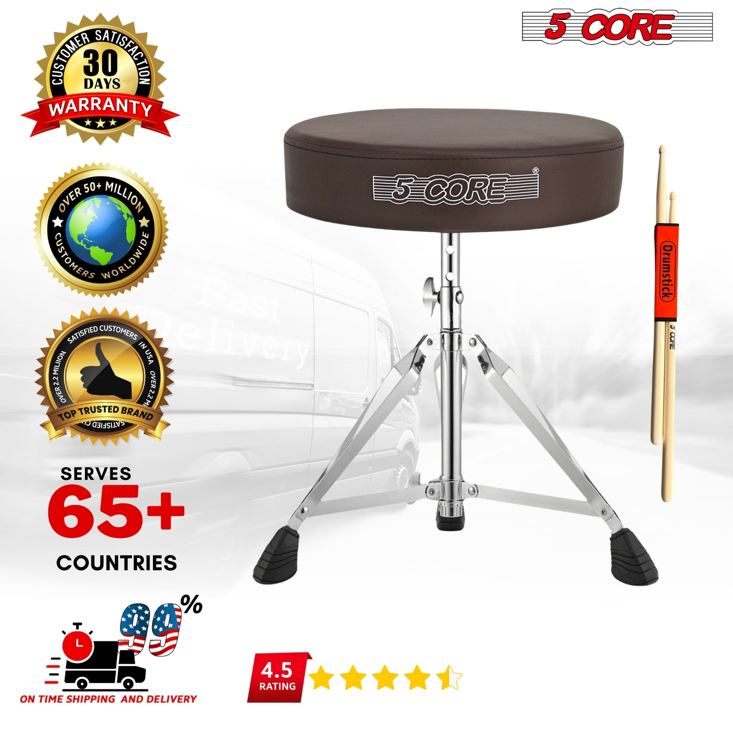 Start2Finish 5 Core Drum Throne with 3-inch padded seat, height adjustable for comfortable drumming practice and performance.
