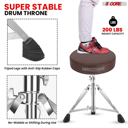 Start2Finish 5 Core Drum Throne with 3-inch padded seat, height adjustable, ideal for drumming practice and performance.