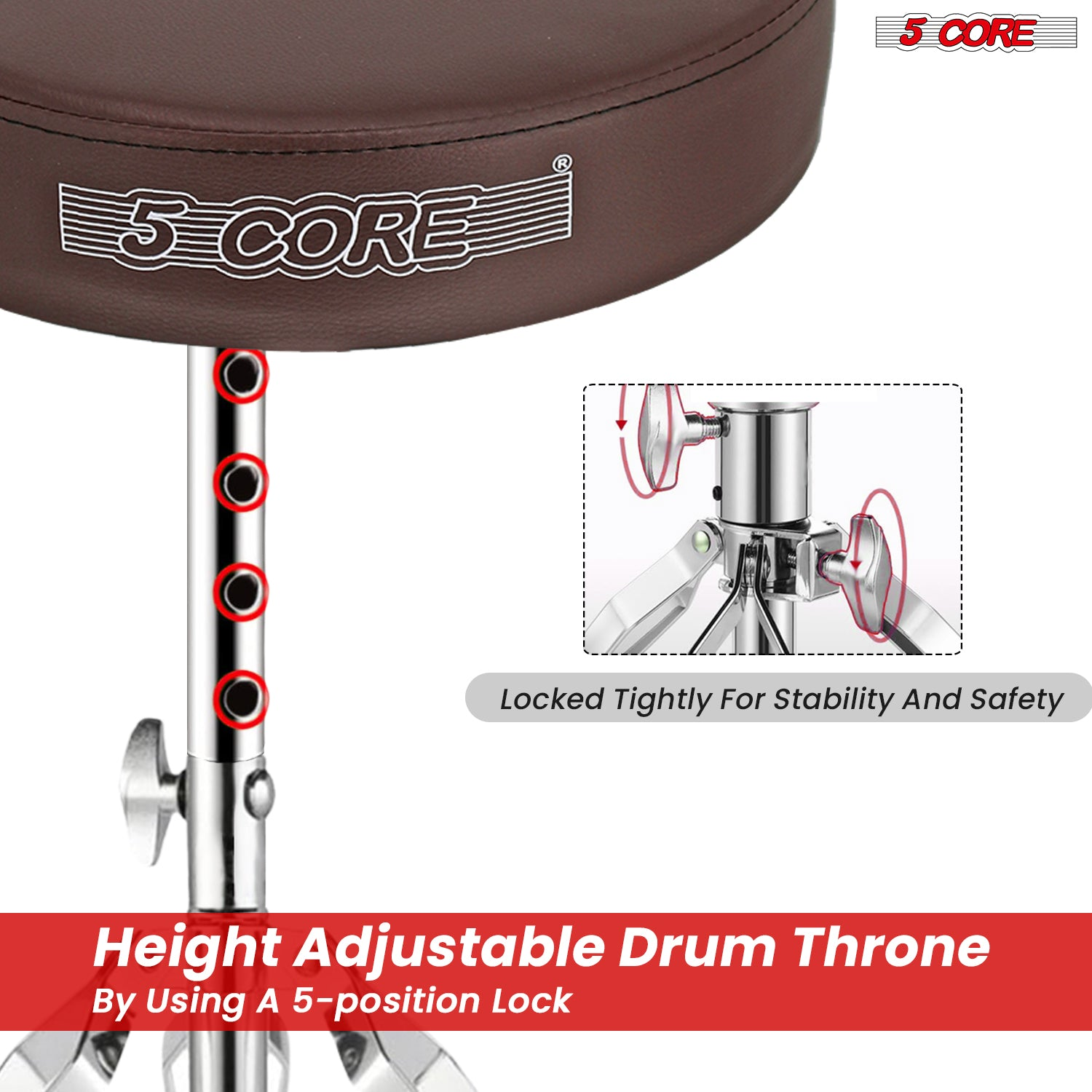 Start2Finish 5 Core Drum Throne with 3-inch padded seat, height adjustable drum stool for practice and performance.