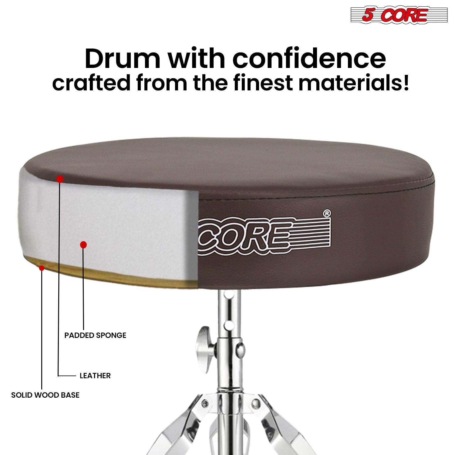 Start2Finish 5 Core Drum Throne with 3-inch padded seat, height adjustable drum stool for practice and performance.