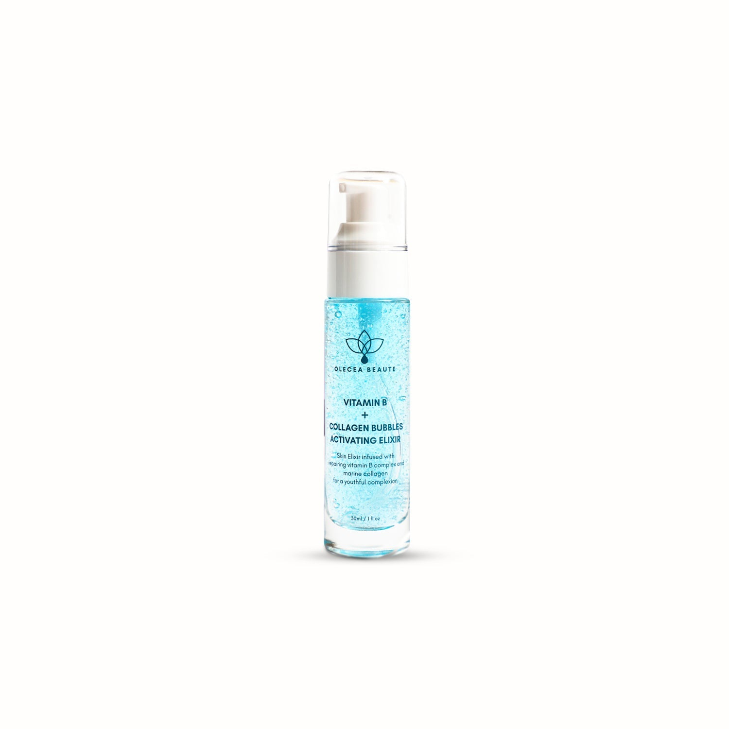 Start2Finish Collagen Elixir Serum with Vitamin B and activating collagen bubbles, showcasing a sleek beauty serum bottle with bubbles.