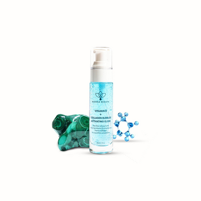 Start2Finish Collagen Elixir Serum with Vitamin B and activating collagen bubbles, in a sleek beauty bottle.