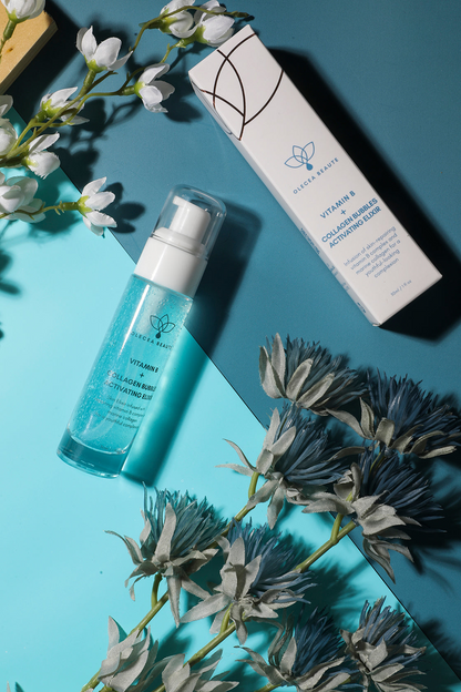 Start2Finish Collagen Elixir Serum with Vitamin B and activating collagen bubbles in a glass bottle, showcasing the serum&