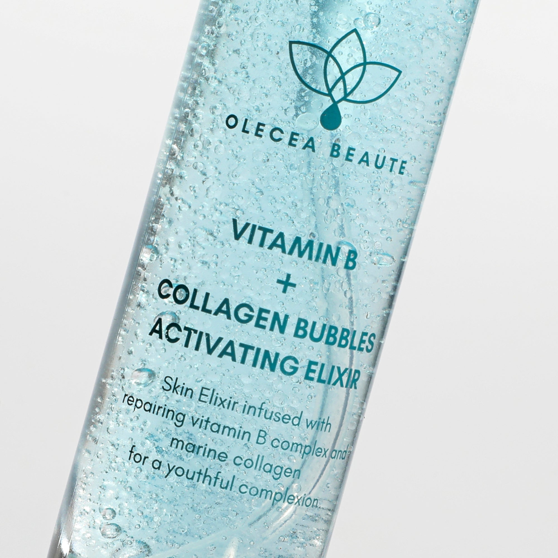 Start2Finish Collagen Elixir Serum with Vitamin B and activating collagen bubbles in a sleek beauty bottle.