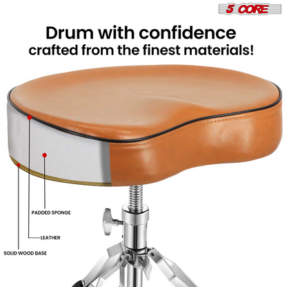 Start2Finish 5 Core Drum Throne with 4-inch padded saddle seat, heavy-duty adjustable drumming chair for musical instruments.