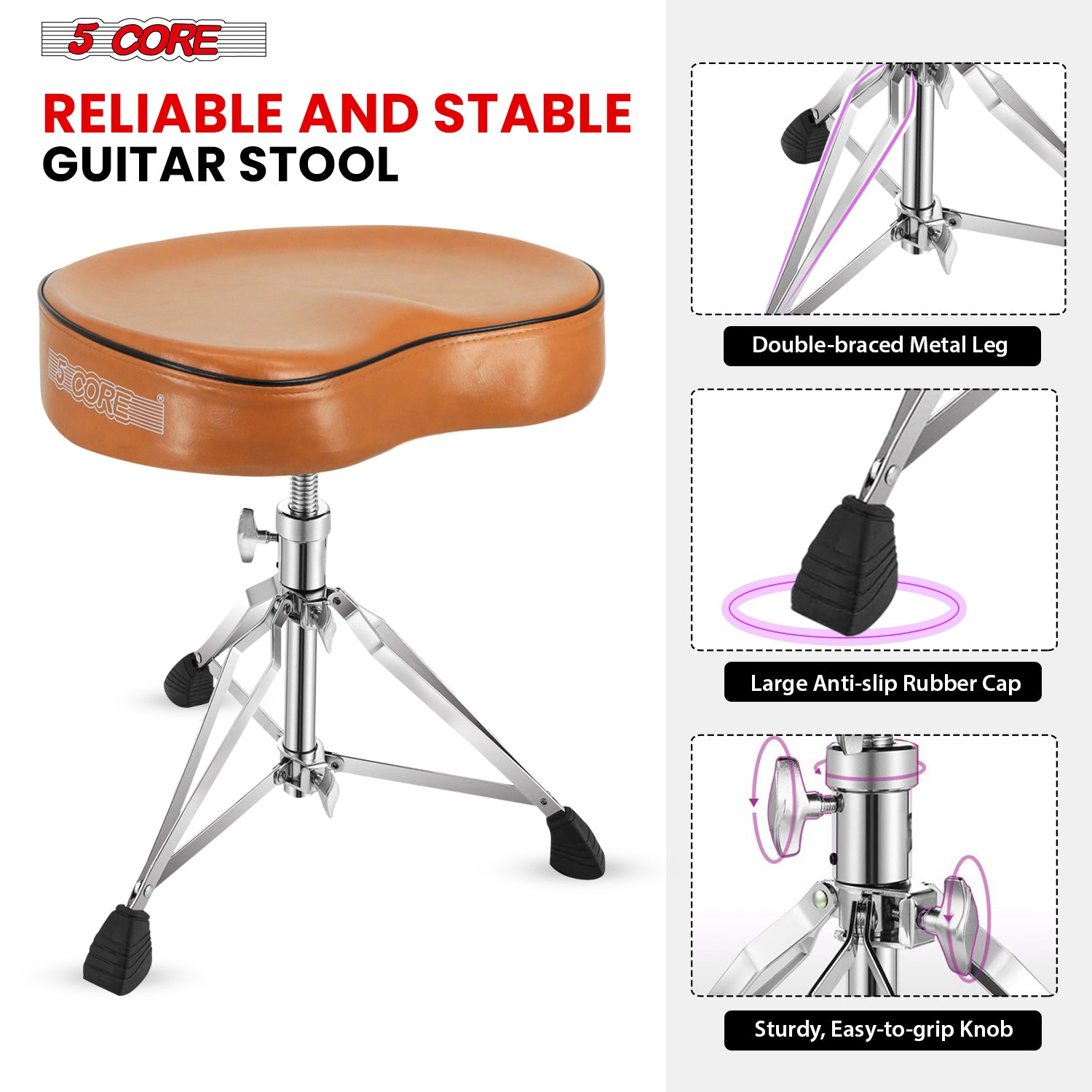 Start2Finish 5 Core Drum Throne with 4-inch padded saddle seat, heavy-duty adjustable drumming chair for musicians.