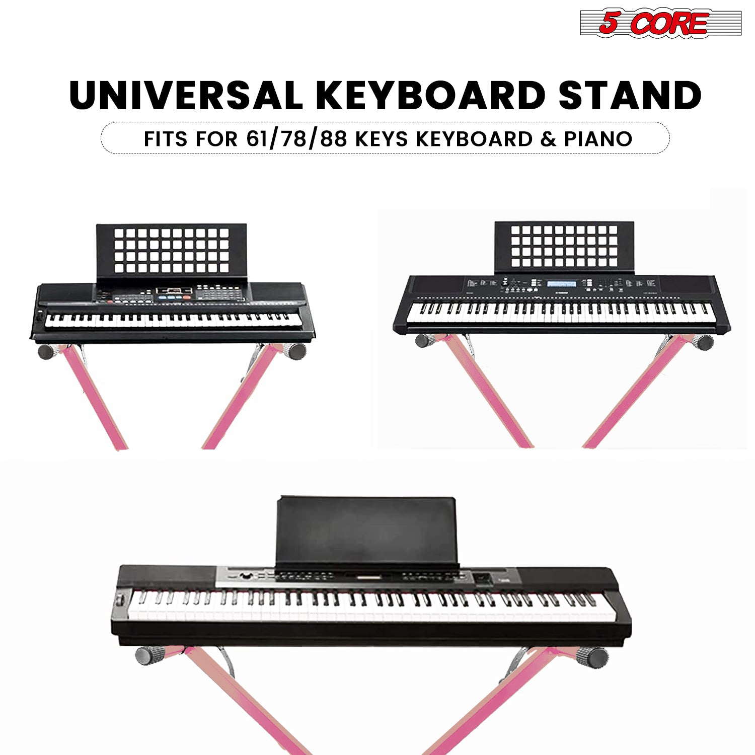 Start2Finish 5 core X shape keyboard stand with adjustable height, foldable portable design for musical instruments and DJ controllers.