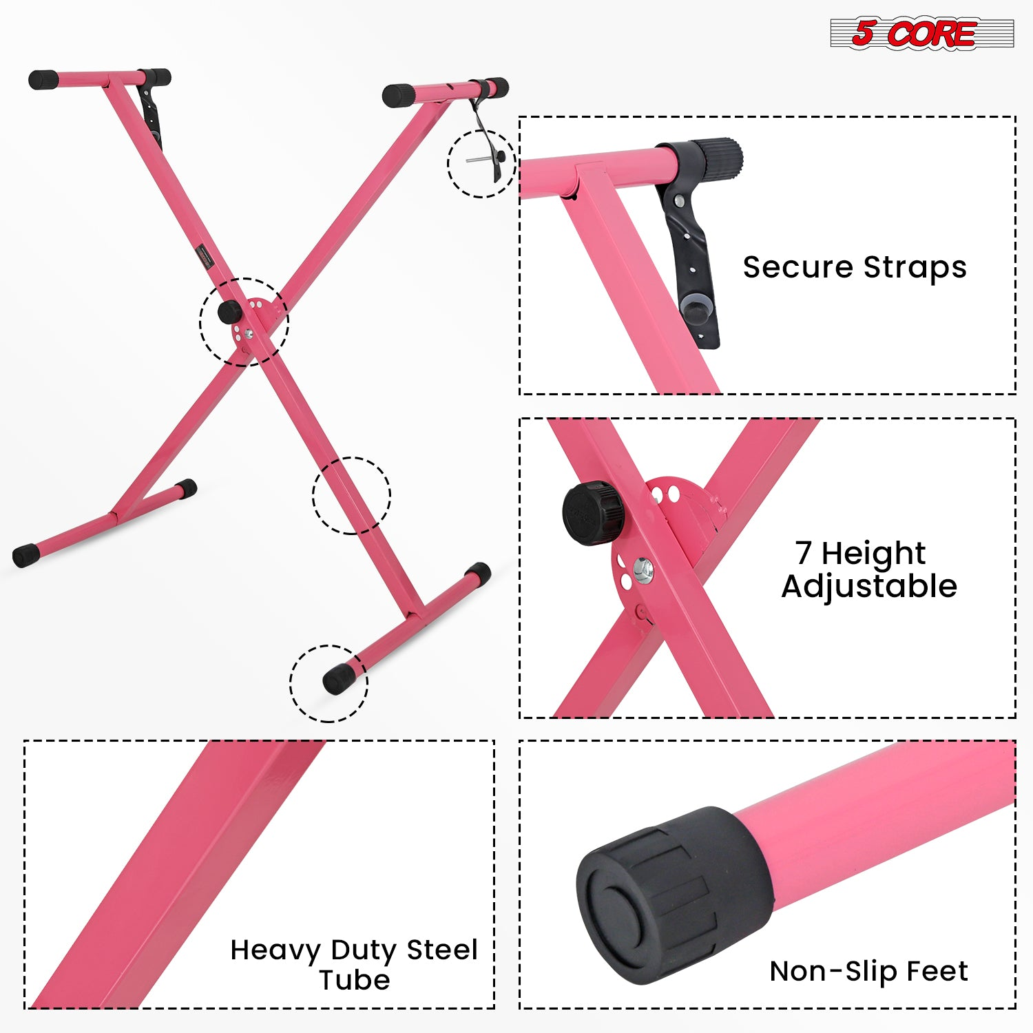 Start2Finish 5-core X shape keyboard stand with adjustable height, foldable design for portable use with DJ controllers and musical instruments.