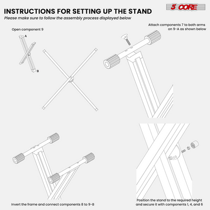 Start2Finish 5 core keyboard stand with dual X-shape design, adjustable, foldable, portable for electronic keyboard or DJ controller use.