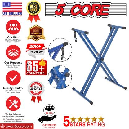 Start2Finish 5 Core keyboard stand with dual X-shape design, adjustable and foldable for portable musical instrument setup.