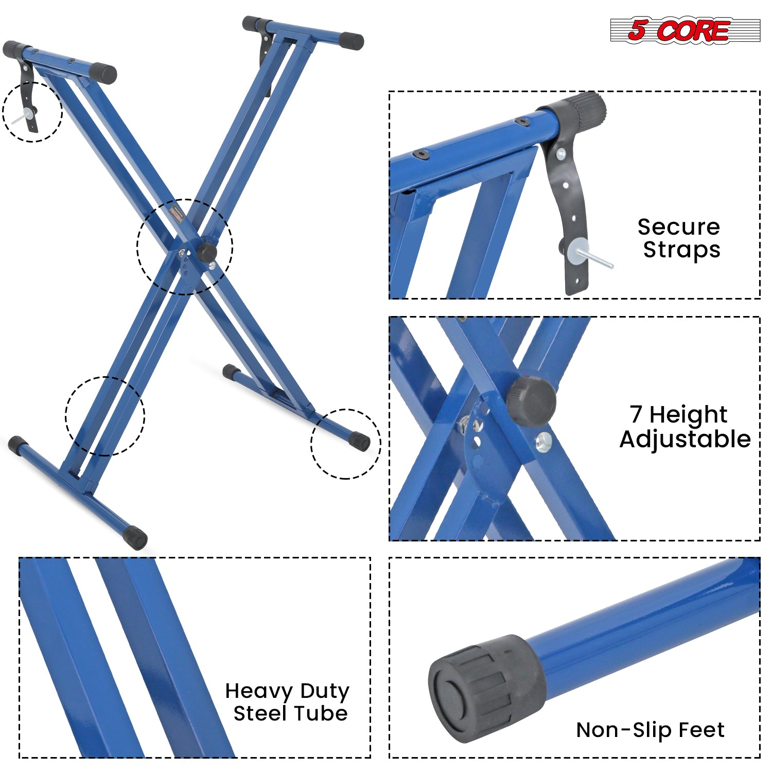 Start2Finish 5 core keyboard stand with dual X-shape design, adjustable, foldable, portable for musical instrument and DJ controller setup.