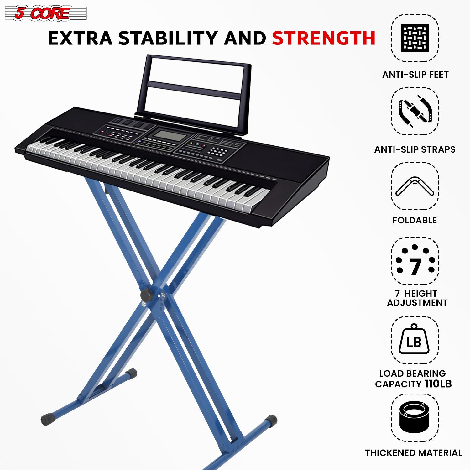 Start2Finish 5-core adjustable dual X-shape keyboard stand for portable musical instruments and DJ controllers.