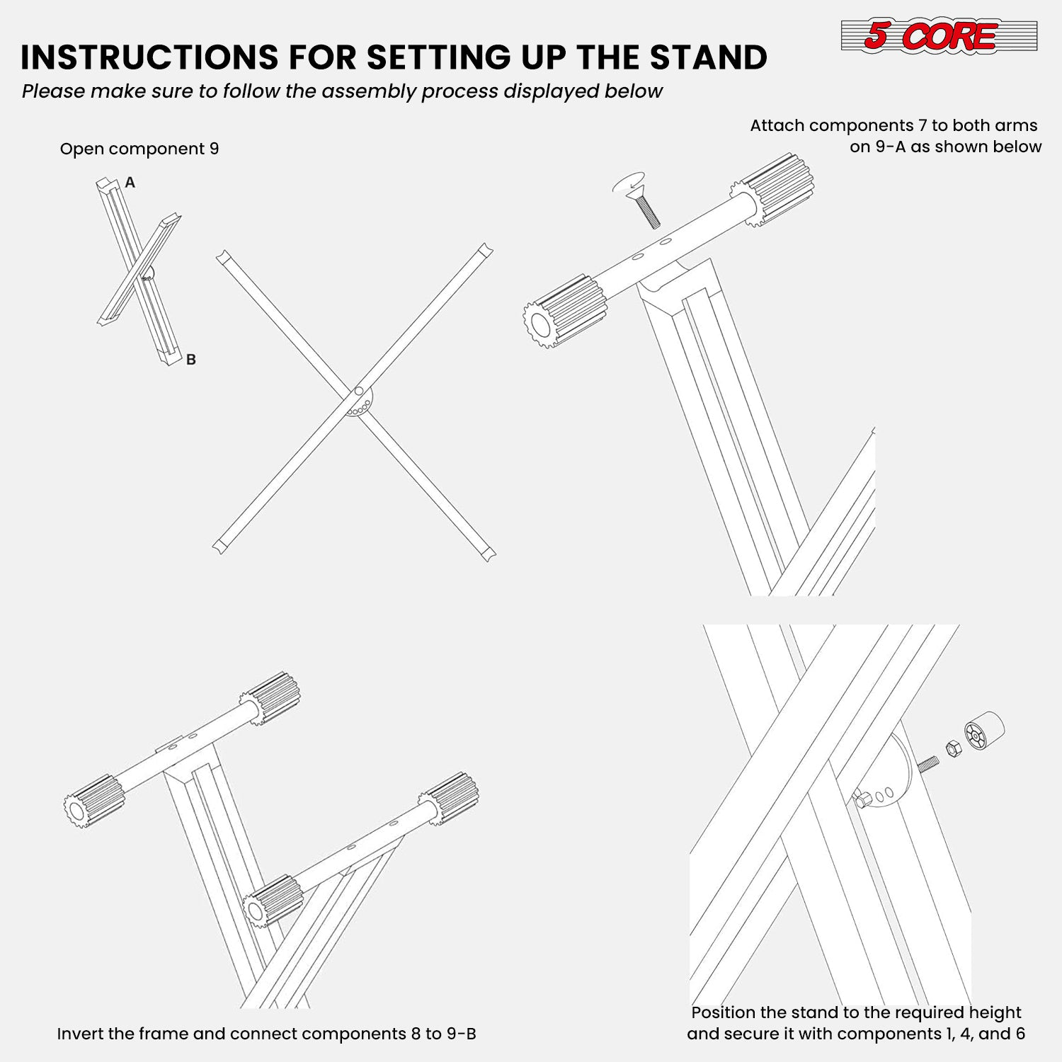 Start2Finish 5-core keyboard stand and padded musician chair set with adjustable piano bench for musical instruments.