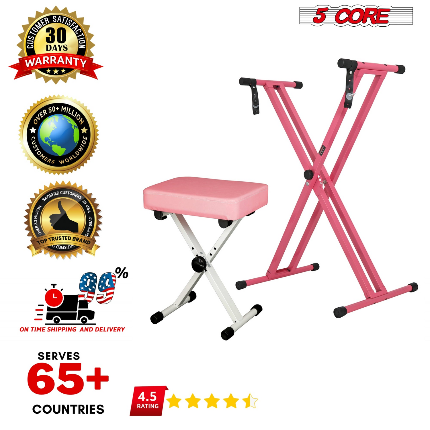 Start2Finish 5-core keyboard stand and adjustable padded musician chair set for piano and keyboard, with sturdy metal construction.