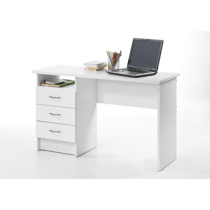 White Whitman desk with three drawers from Start2Finish, featuring a modern design and sleek surface for workspace organization.