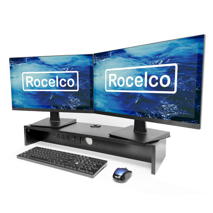 Start2Finish 30-inch dual monitor stand with built-in AC outlets and USB charging strip, holding two monitors on a desk.