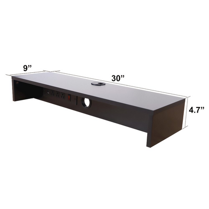 Start2Finish 30-inch dual monitor stand with built-in AC outlets and USB charging ports, supporting multiple monitors and devices.