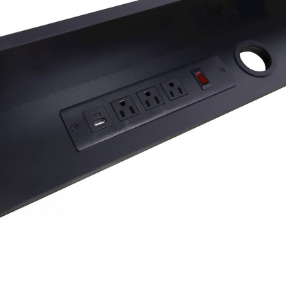 Start2Finish 30-inch dual monitor stand with built-in AC outlets and USB charging strip for electronics setup.