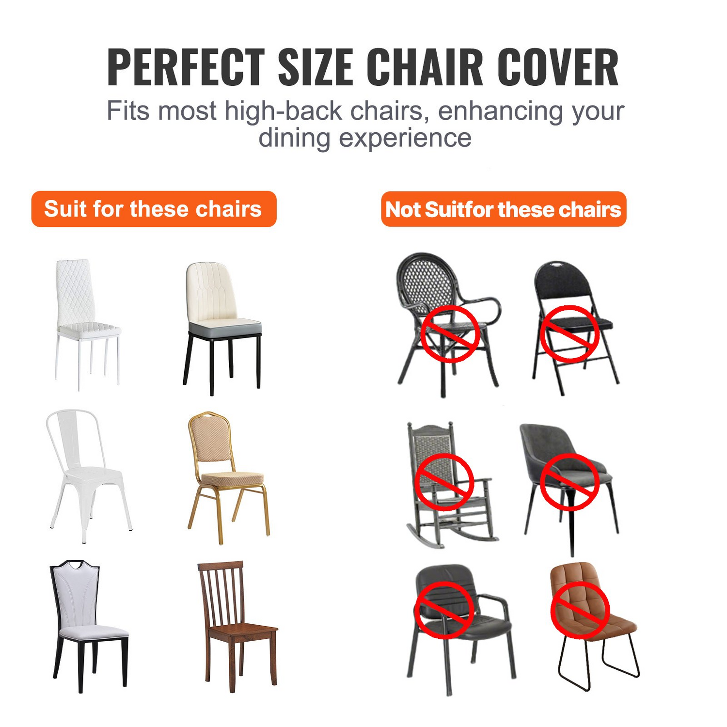 White VEVOR Stretch Spandex folding chair covers with elastic fit, designed for weddings, parties, and events, shown on event chairs.