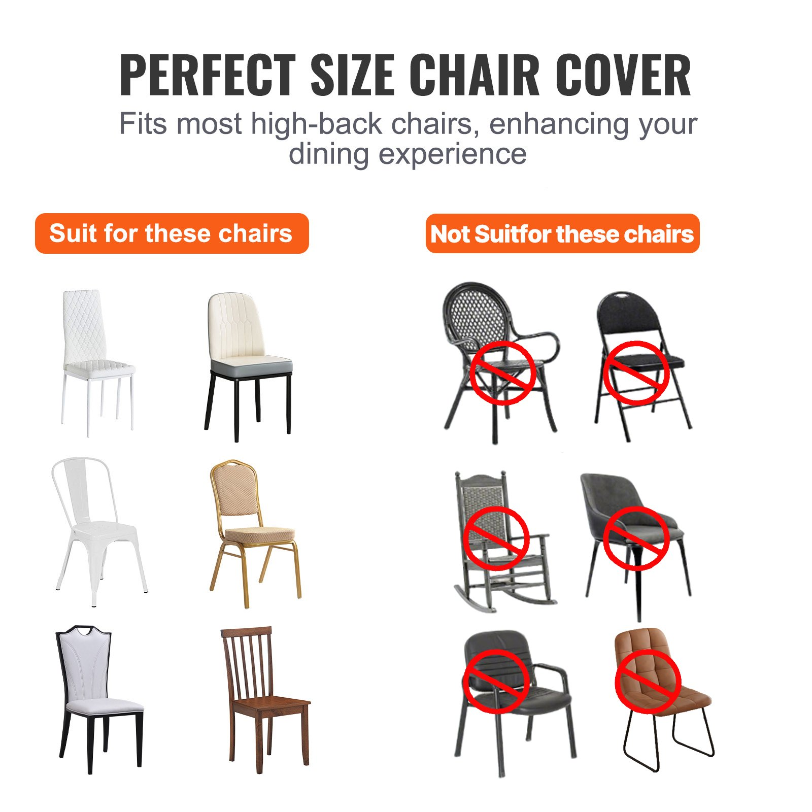 White VEVOR Stretch Spandex folding chair covers with elastic fit, designed for weddings, parties, and events, shown on event chairs.