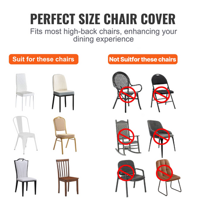 White VEVOR Stretch Spandex folding chair covers with elastic fit, designed for weddings, parties, and events, shown on event chairs.