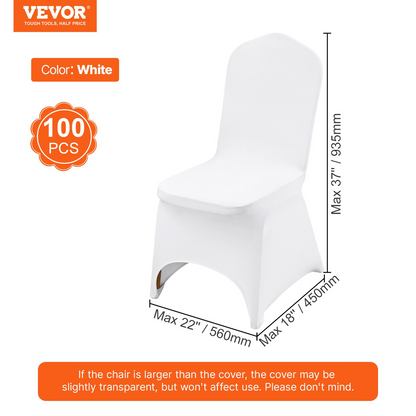 White VEVOR stretch spandex folding chair covers on banquet chairs, designed for weddings, parties, and events, washable and fitted.