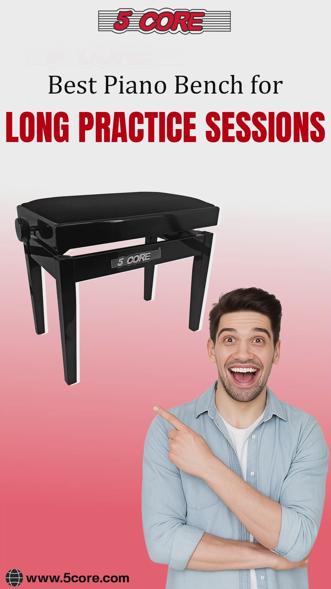 Start2Finish 5 Core adjustable piano bench with thick 3.25-inch solid wood seat and sturdy metal legs for musicians.