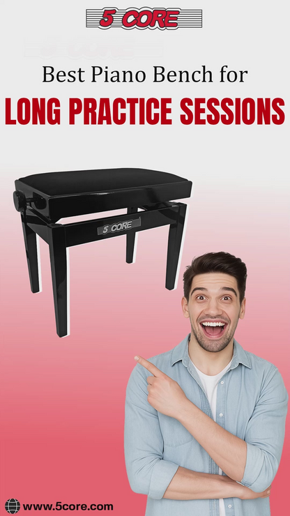 Start2Finish 5 Core adjustable piano bench with thick 3.25-inch solid wood seat and sturdy metal legs for musicians.