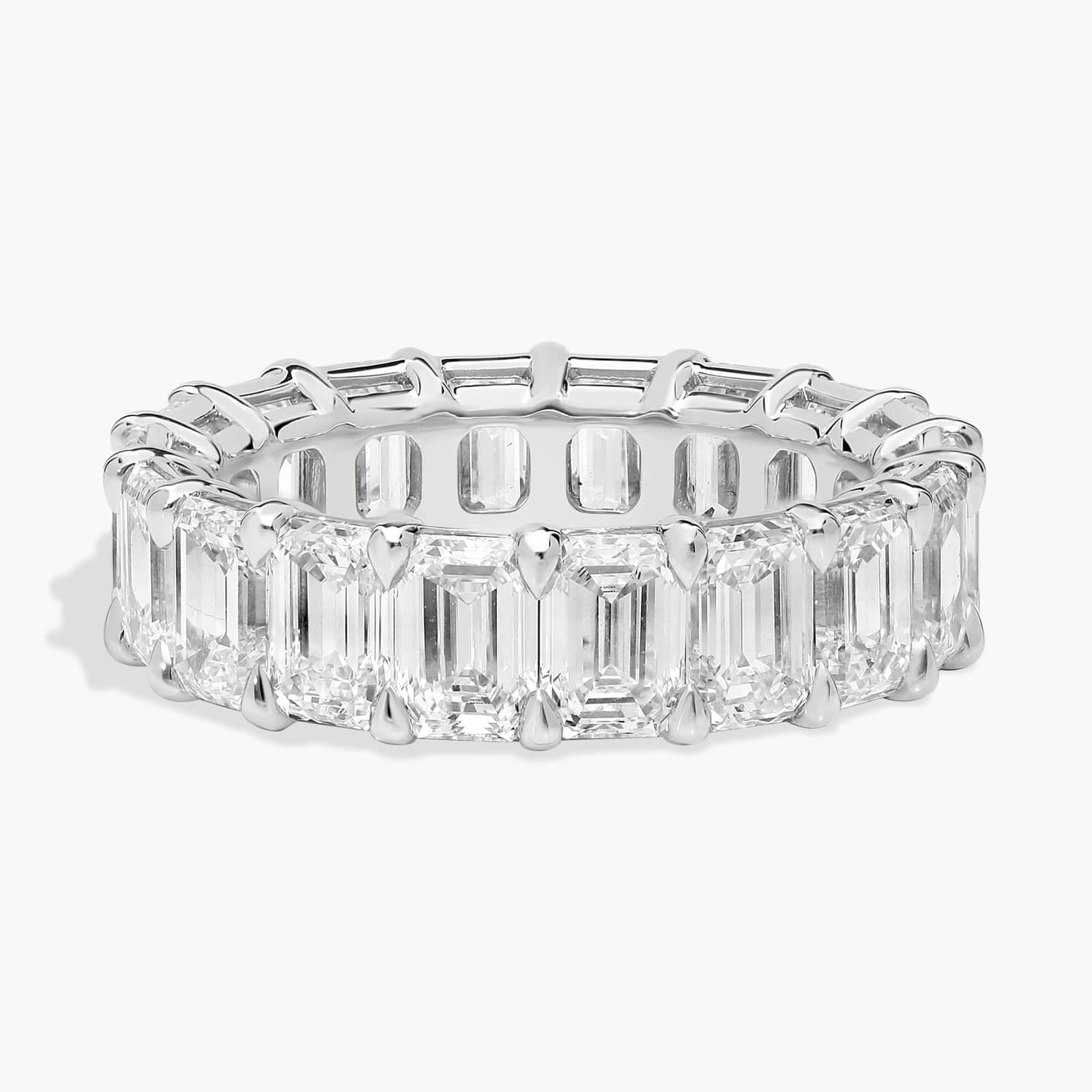 5.00 CTW created moissanite emerald cut eternity band ring in 14k white gold overlay, showcasing sparkling gemstone rows
