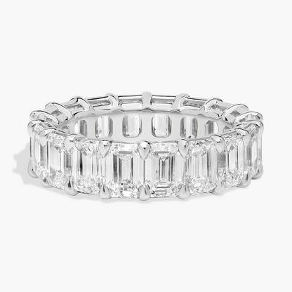 5.00 CTW created moissanite emerald cut eternity band ring in 14k white gold overlay, showcasing sparkling gemstone rows